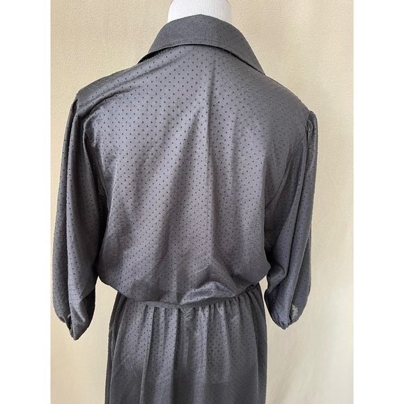 Vintage Black Sheer Embossed Polka Dot Pleated Half Button Down Tie Waist Dress - Picture 7 of 12